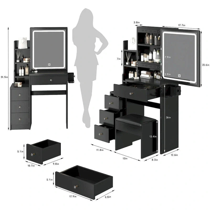Makeup Vanity with LED Mirror and Cushioned Stool - Left Cabinet