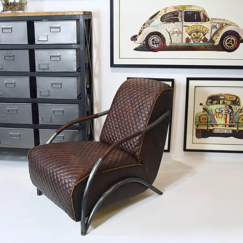 Brown Tufted Leather Accent Chair with Cast Iron Base