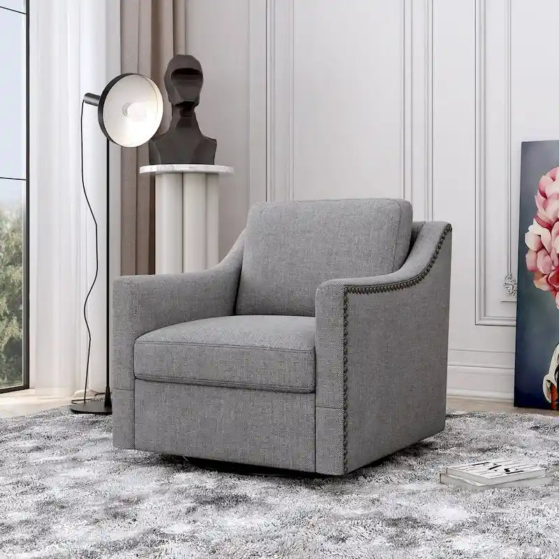 Grey Swivel Accent Chair - Linen Blend with Black Metal Base