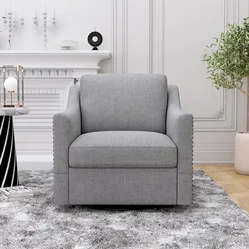 Grey Swivel Accent Chair - Linen Blend with Black Metal Base