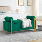 Linen Upholstered Storage Bench with Cylindrical Arms and Iron Legs