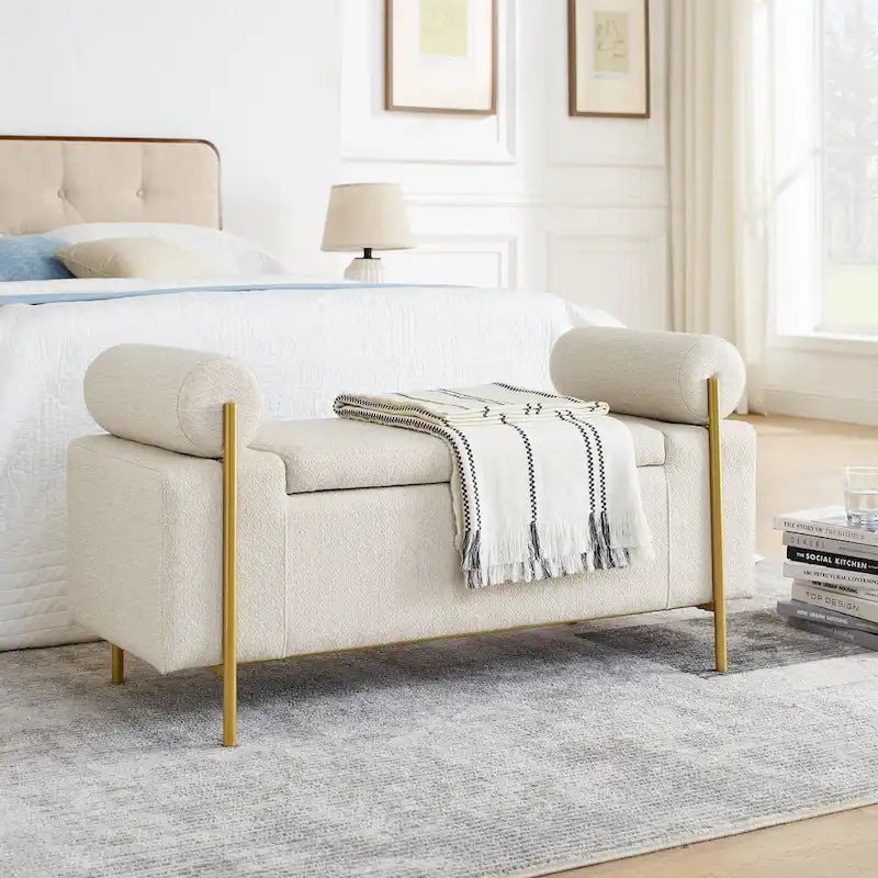 Storage Bench with Cylindrical Arms - Linen Upholstered Ottoman