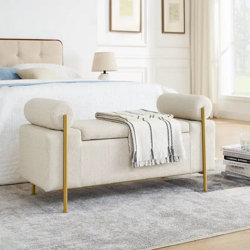 Beige / Green Linen Storage Bench with Cylindrical Arms – 2-Seat