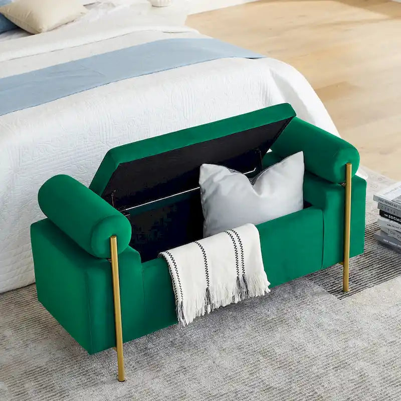 Storage Bench with Cylindrical Arms - Linen Upholstered Ottoman