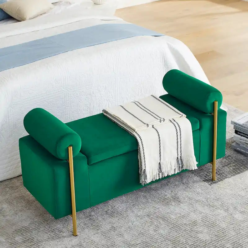 Storage Bench with Cylindrical Arms - Linen Upholstered Ottoman