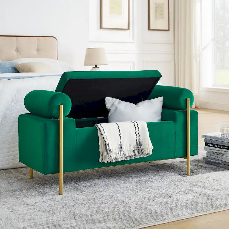 Storage Bench with Cylindrical Arms - Linen Upholstered Ottoman