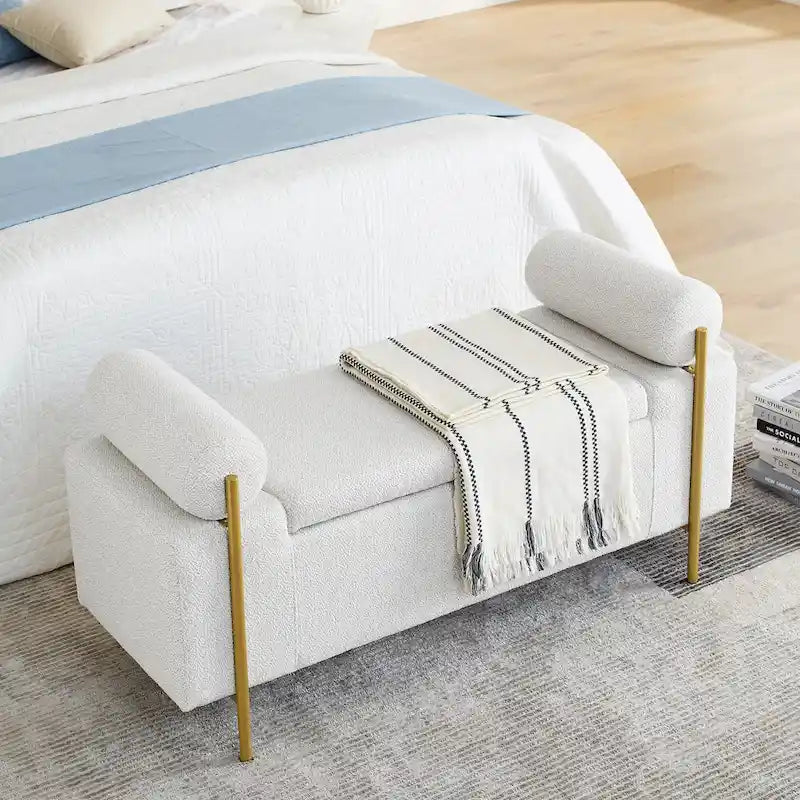 Storage Bench with Cylindrical Arms - Linen Upholstered Ottoman