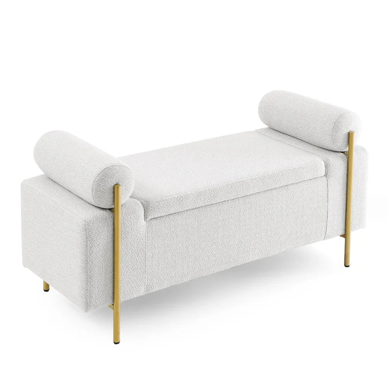 Storage Bench with Cylindrical Arms - Linen Upholstered Ottoman