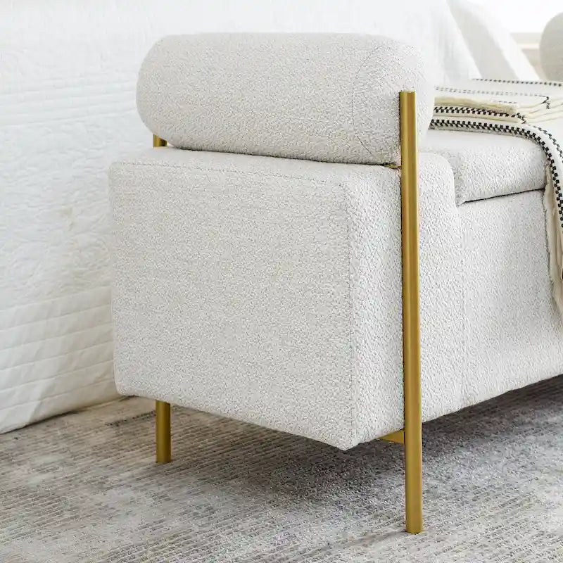 Storage Bench with Cylindrical Arms - Linen Upholstered Ottoman