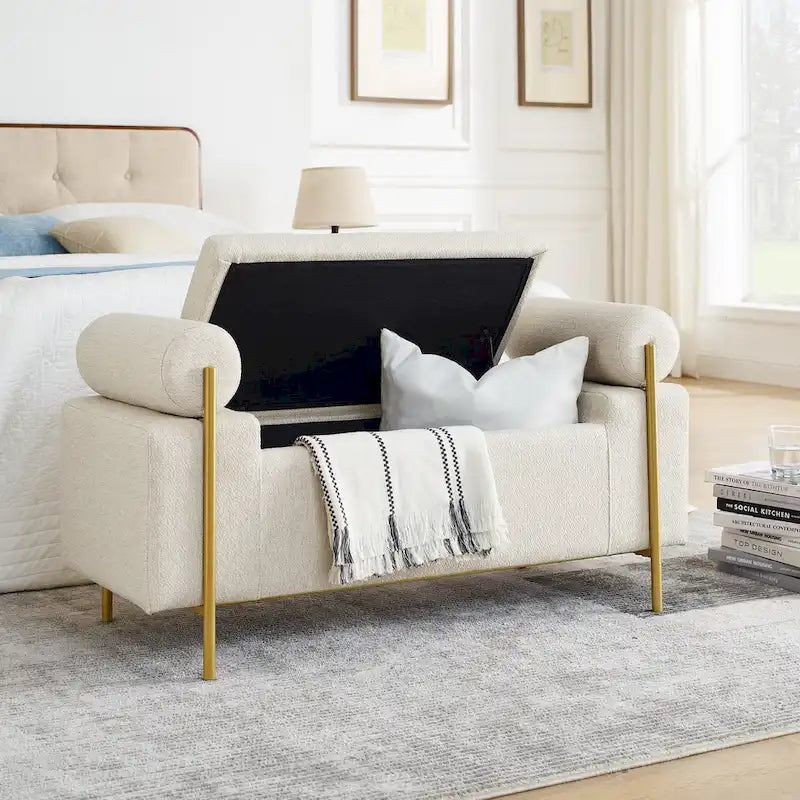 Storage Bench with Cylindrical Arms - Linen Upholstered Ottoman