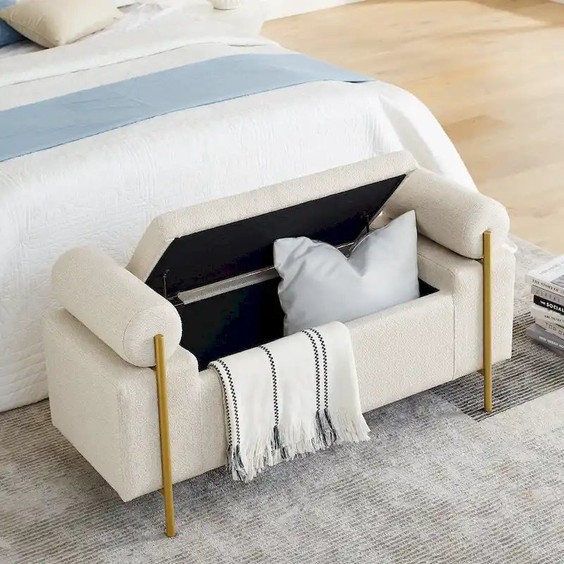 Storage Bench with Cylindrical Arms - Linen Upholstered Ottoman