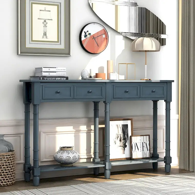 Black Console Table with 2 Drawers and Bottom Shelf