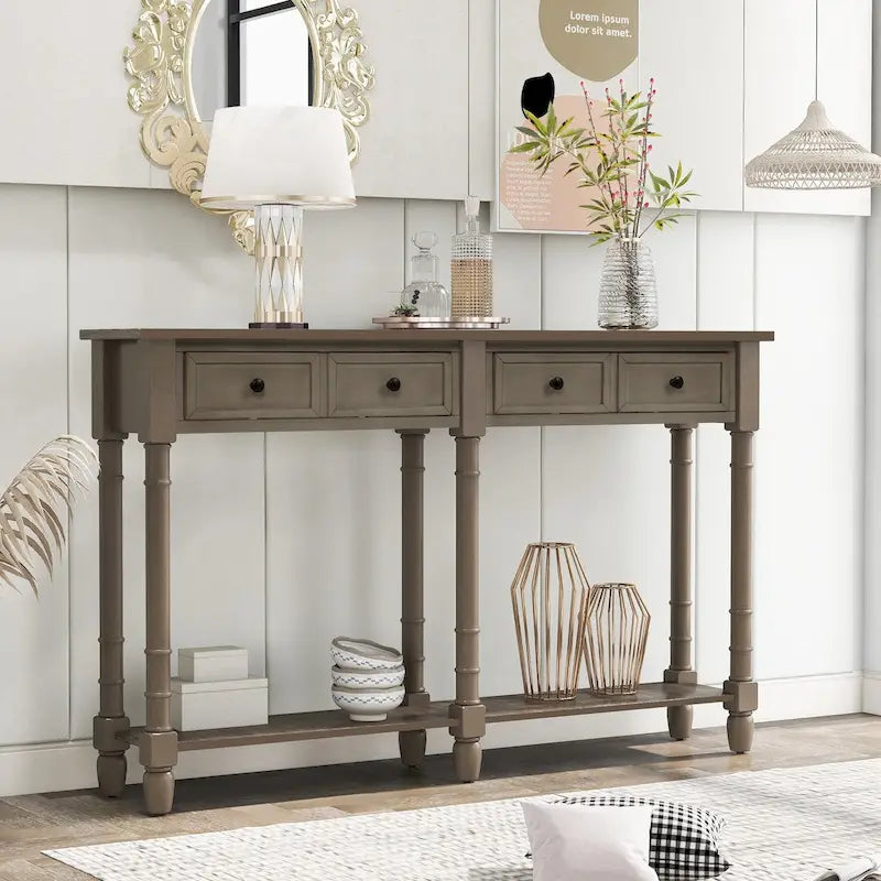 Black Console Table with 2 Drawers and Bottom Shelf