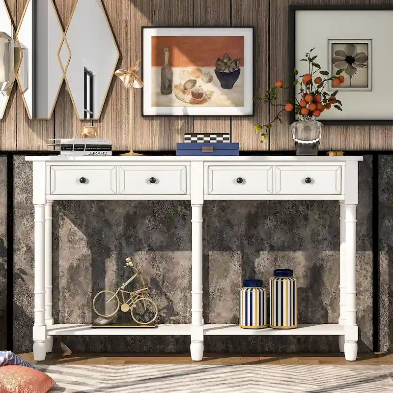 Black Console Table with 2 Drawers and Bottom Shelf