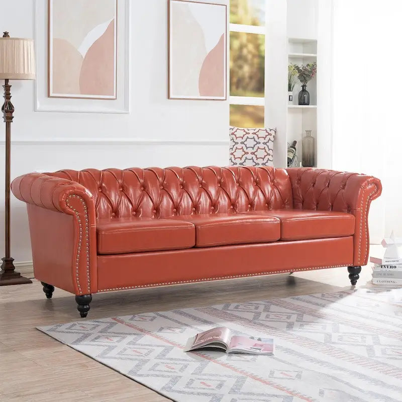 Brown Faux Leather Chesterfield Sofa for 3 People with Rolled Arms