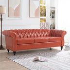 Brown Faux Leather Chesterfield Sofa for 3 People with Rolled Arms