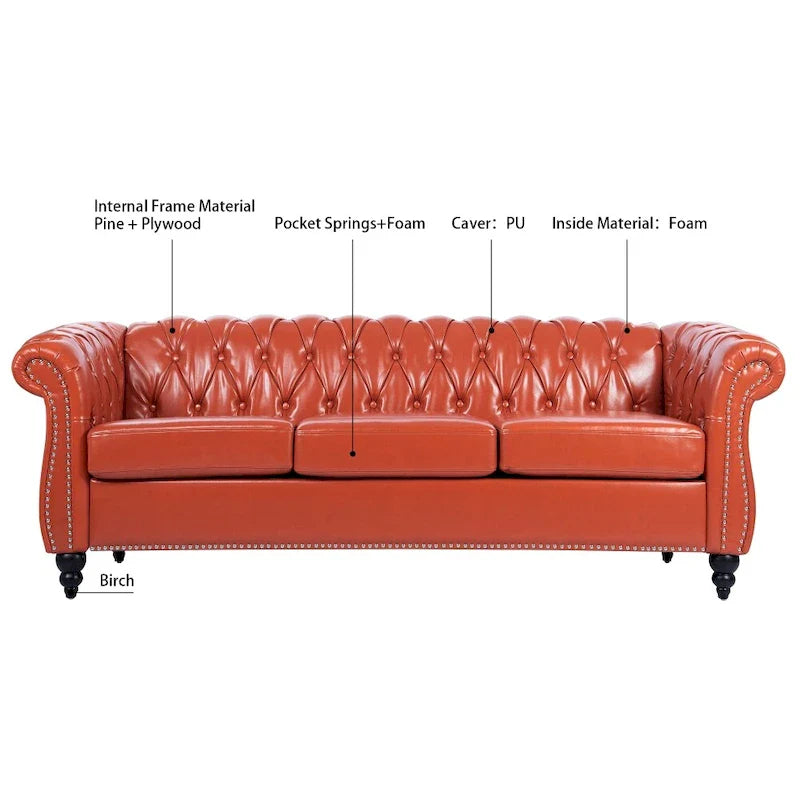 Brown Faux Leather Chesterfield Sofa for 3 People with Rolled Arms