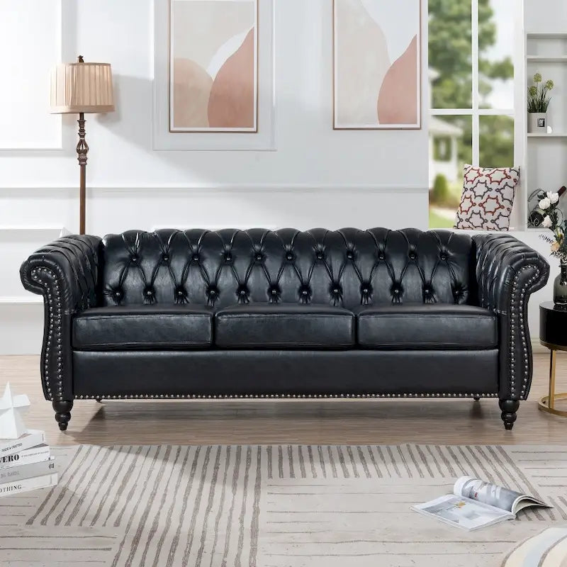 Brown Faux Leather Chesterfield Sofa for 3 People with Rolled Arms