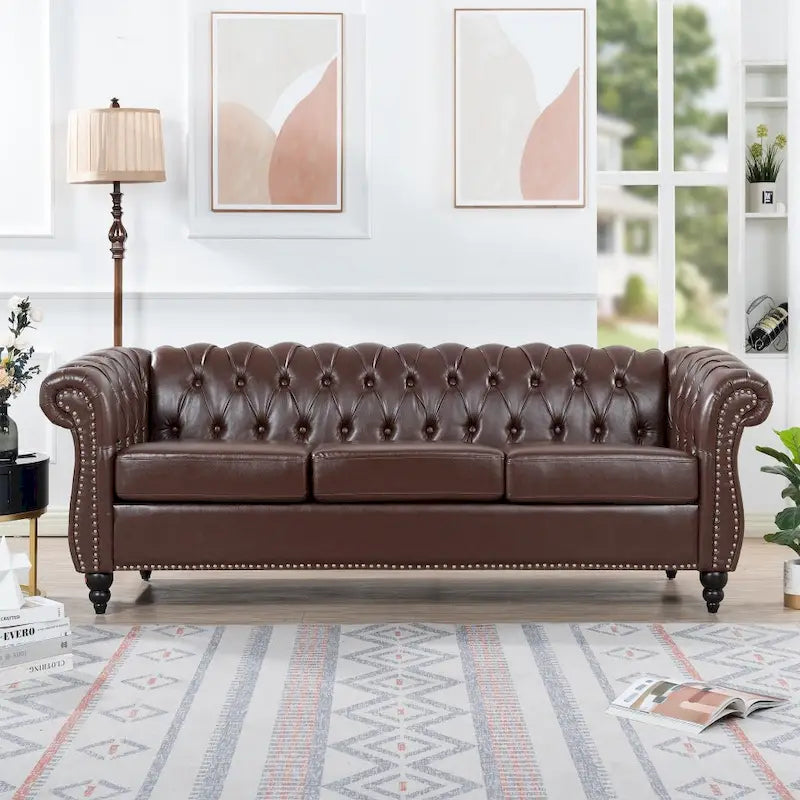 Brown Faux Leather Chesterfield Sofa for 3 People with Rolled Arms