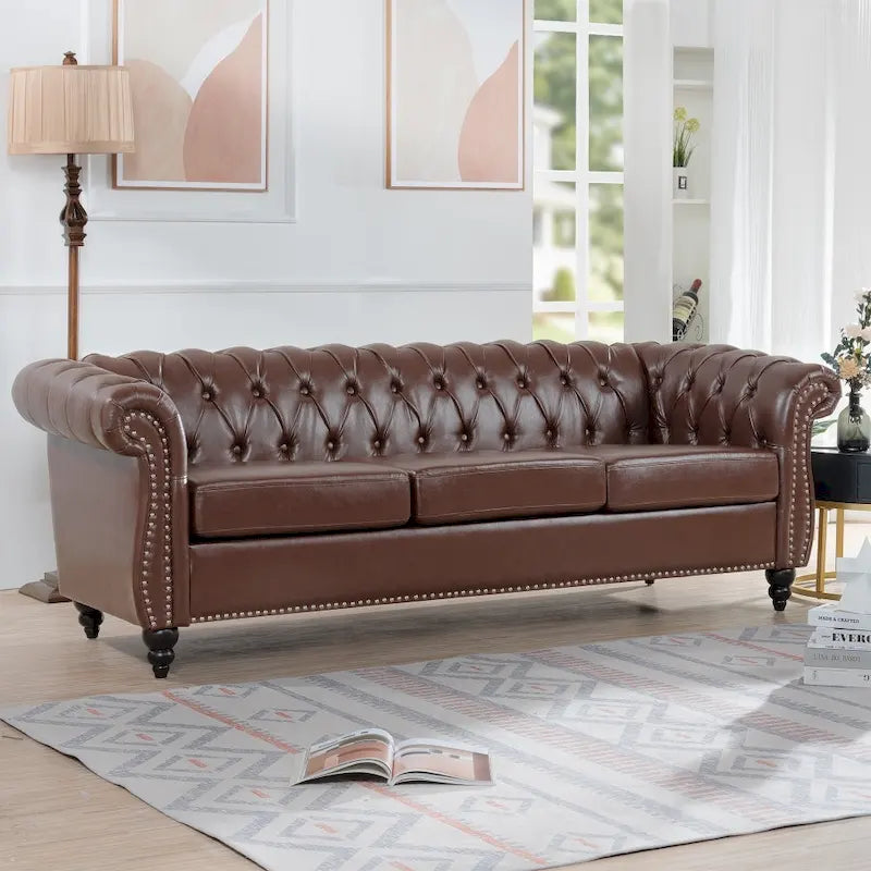 Brown Faux Leather Chesterfield Sofa for 3 People with Rolled Arms