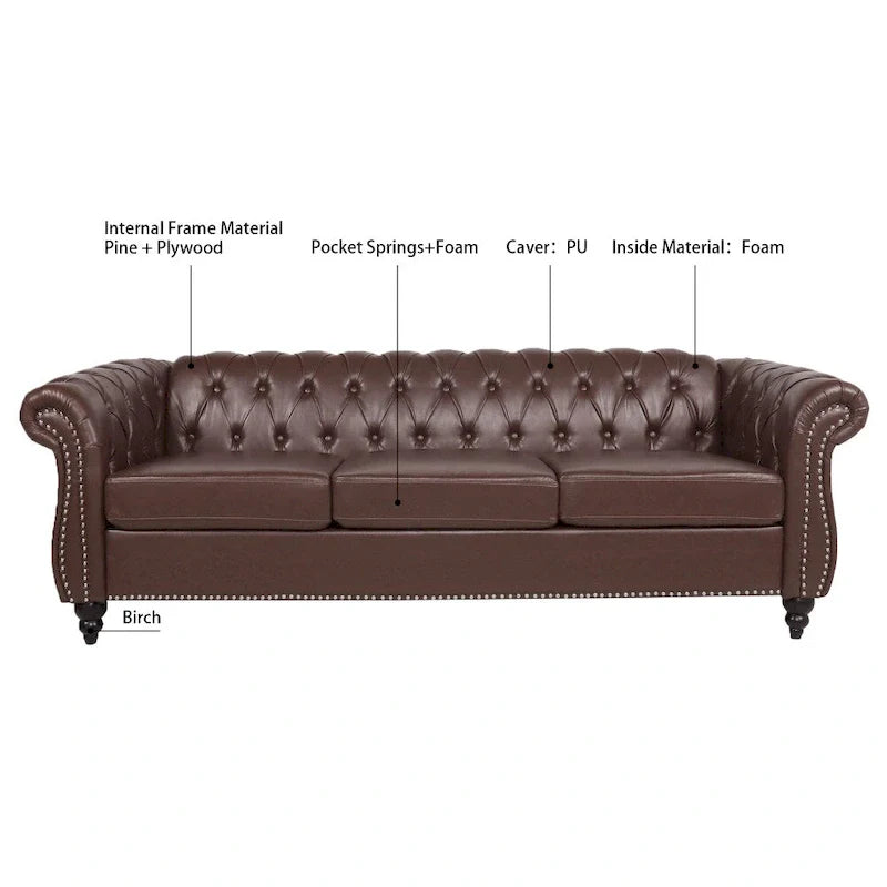 Brown Faux Leather Chesterfield Sofa for 3 People with Rolled Arms