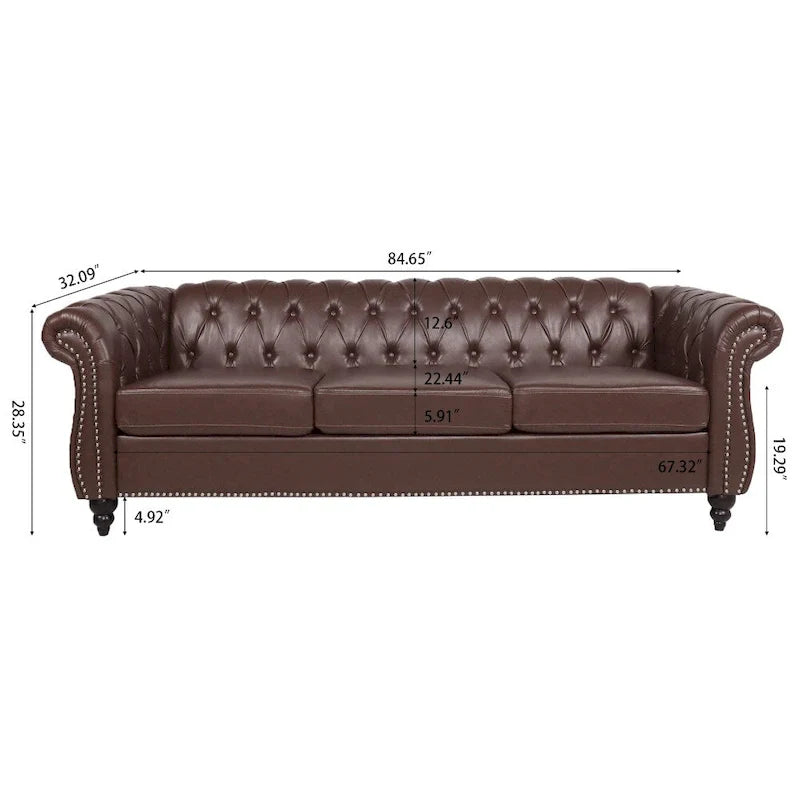 Brown Faux Leather Chesterfield Sofa for 3 People with Rolled Arms