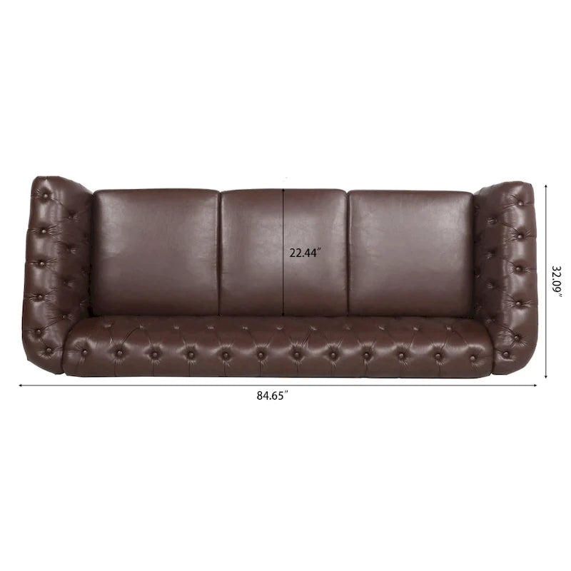 Brown Faux Leather Chesterfield Sofa for 3 People with Rolled Arms