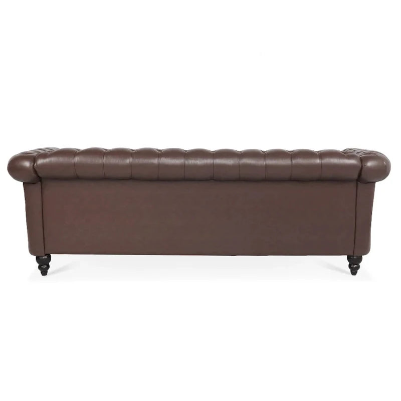 Brown Faux Leather Chesterfield Sofa for 3 People with Rolled Arms