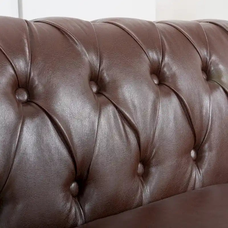 Brown Faux Leather Chesterfield Sofa for 3 People with Rolled Arms