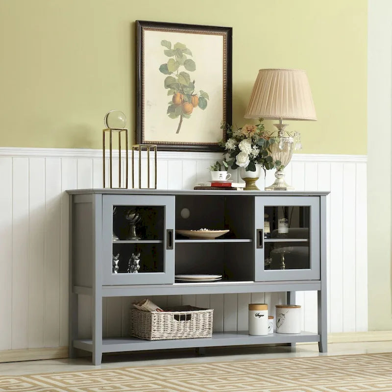 Grey Buffet Table for 4-6 People with Glass Sliding Doors
