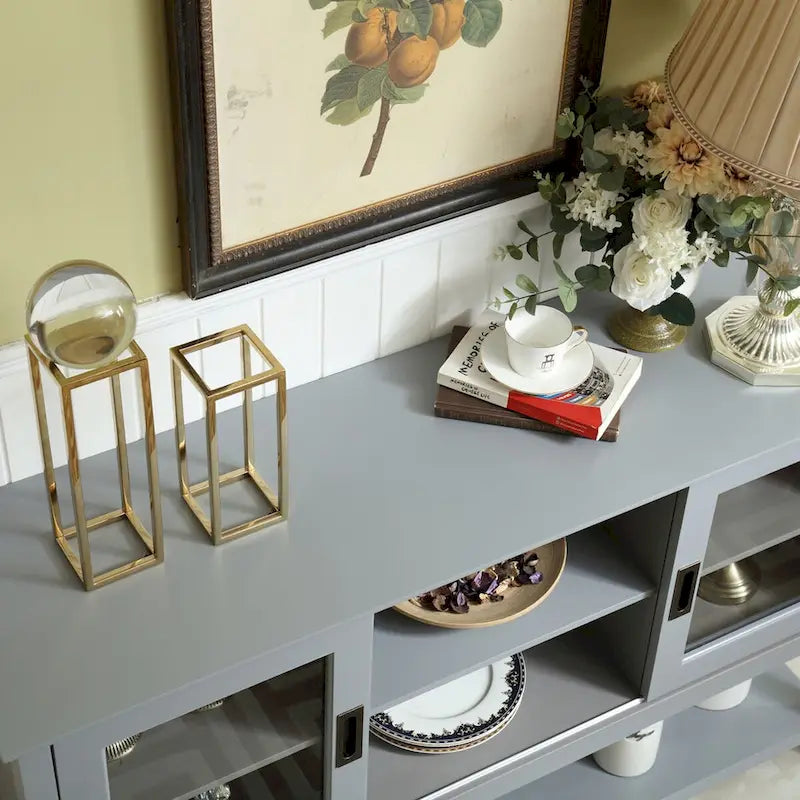 Grey Buffet Table for 4-6 People with Glass Sliding Doors