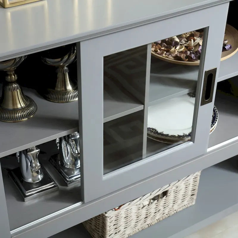 Grey Buffet Table for 4-6 People with Glass Sliding Doors