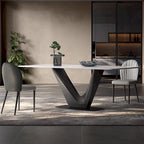 White Rectangular Dining Table for 6 with Black V-Shaped Steel Legs