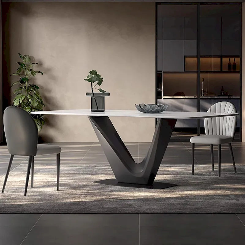 White Rectangular Dining Table for 6 with Black V-Shaped Steel Legs
