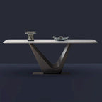 White Rectangular Dining Table for 6 with Black V-Shaped Steel Legs