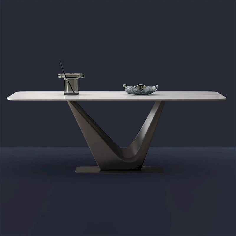 White Rectangular Dining Table for 6 with Black V-Shaped Steel Legs