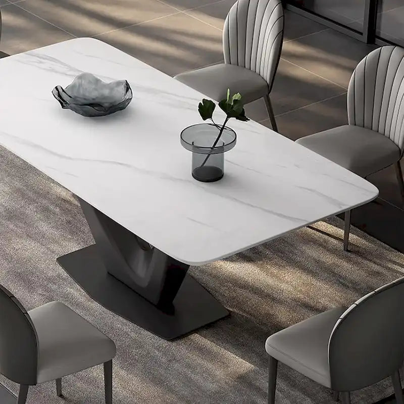 White Rectangular Dining Table for 6 with Black V-Shaped Steel Legs
