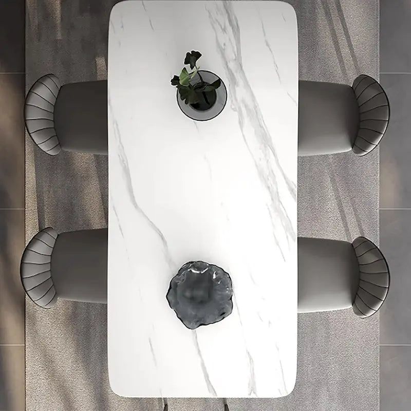 White Rectangular Dining Table for 6 with Black V-Shaped Steel Legs