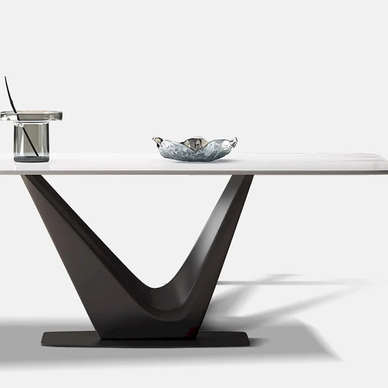 White Rectangular Dining Table for 6 with Black V-Shaped Steel Legs