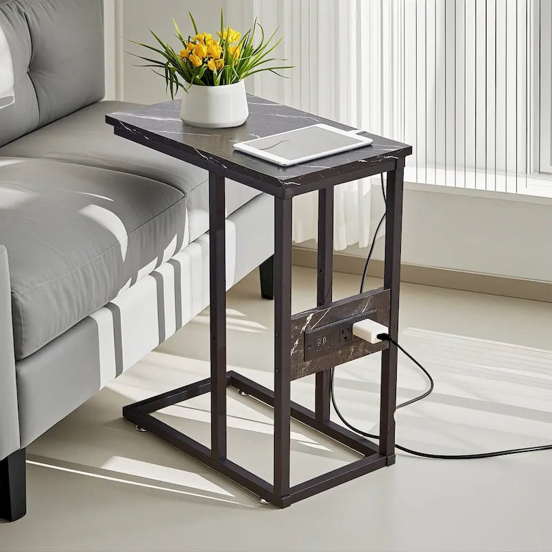 Black C-Shaped Side Table with USB Charging Station