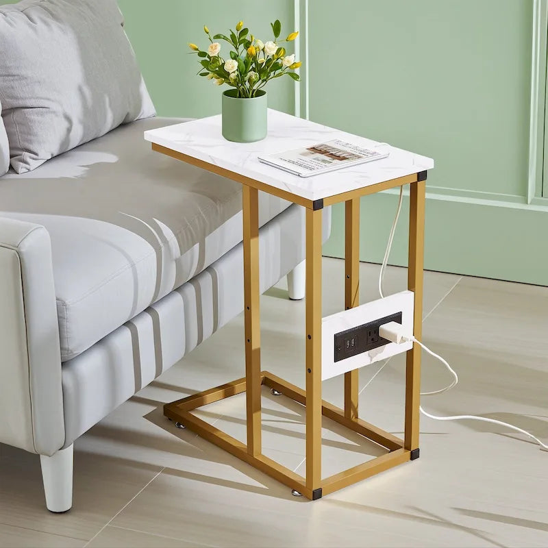 Black C-Shaped Side Table with USB Charging Station