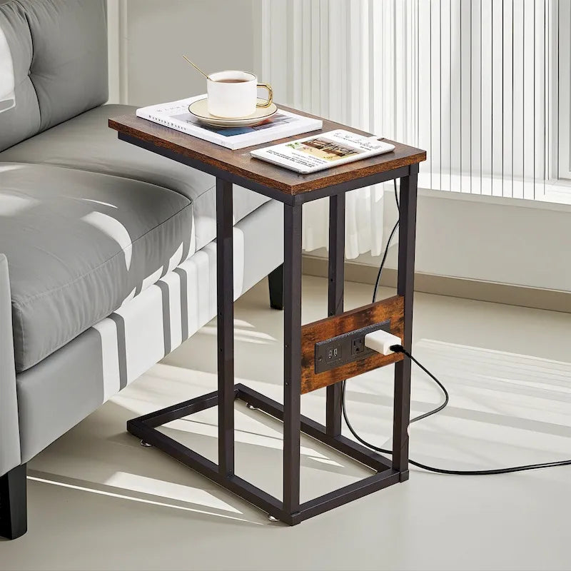 Black C-Shaped Side Table with USB Charging Station