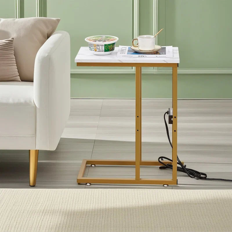 Black C-Shaped Side Table with USB Charging Station