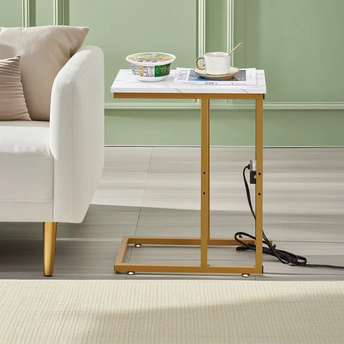 Black / Marble Black / Gold / Brown C-Shaped End Table with USB Charging Station, Single