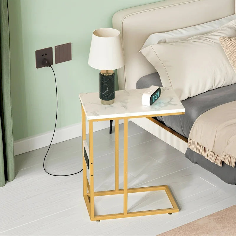 Black C-Shaped Side Table with USB Charging Station