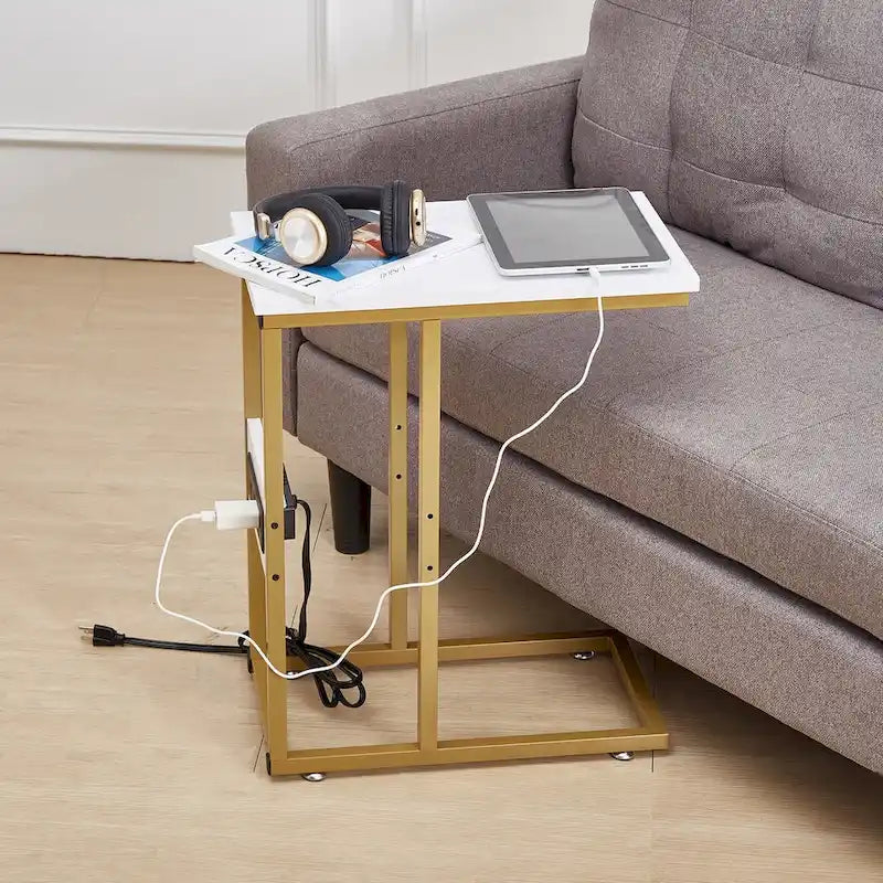 Black C-Shaped Side Table with USB Charging Station