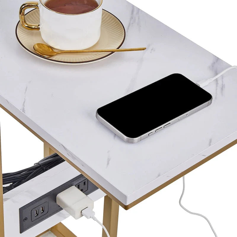 Black C-Shaped Side Table with USB Charging Station