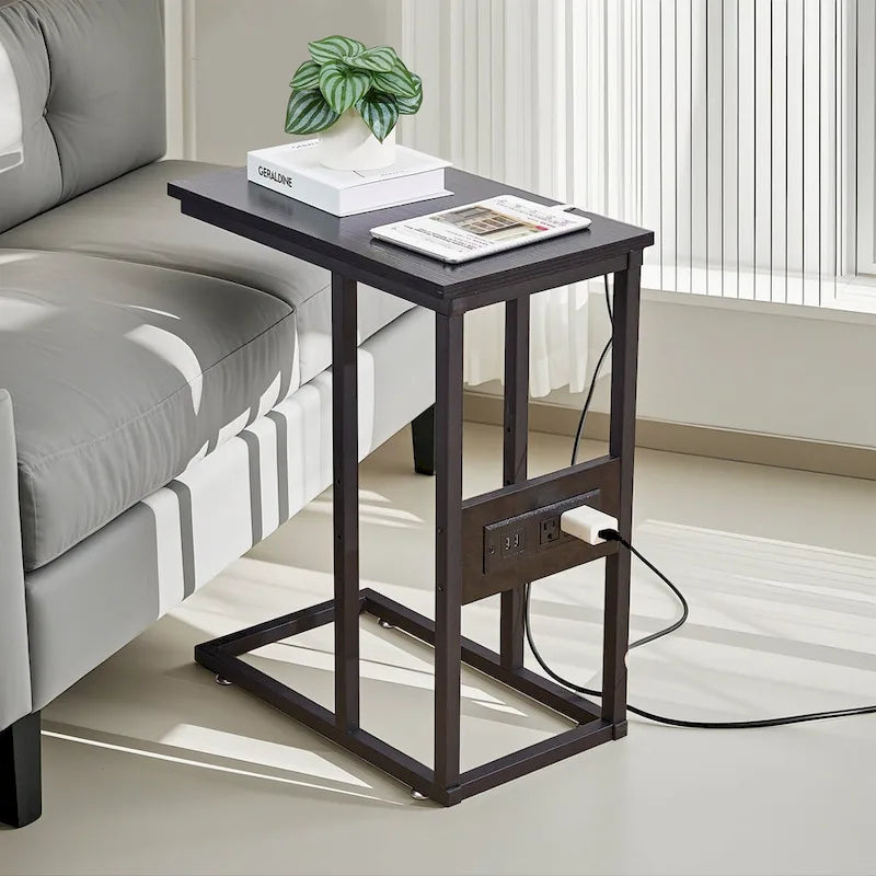 Black C-Shaped Side Table with USB Charging Station