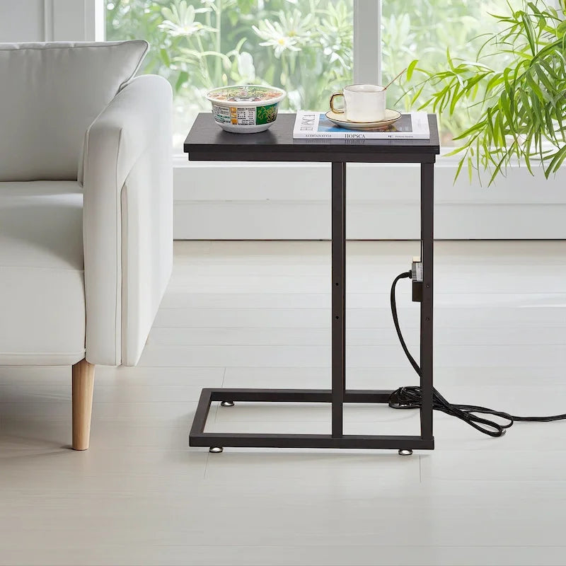 Black C-Shaped Side Table with USB Charging Station