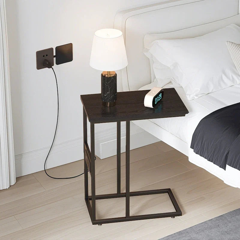 Black C-Shaped Side Table with USB Charging Station